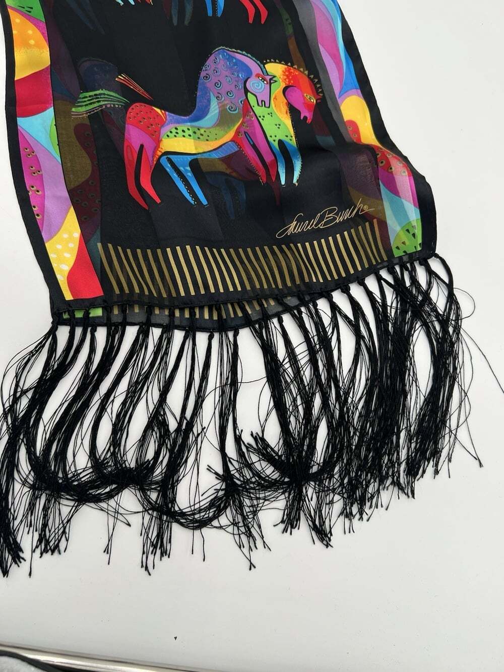 Laurel Burch Silk Scarf Signed Colorful Horses Black Long Fringe 54x11 Vintage - Picture 5 of 6